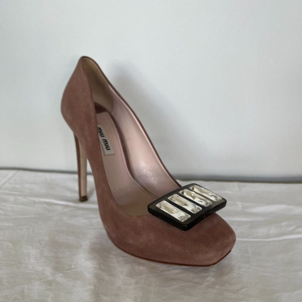 PRADA MIU MIU Blush Suede Crystal Embellished Stiletto Pumps/Heels- Sz 37- Italy